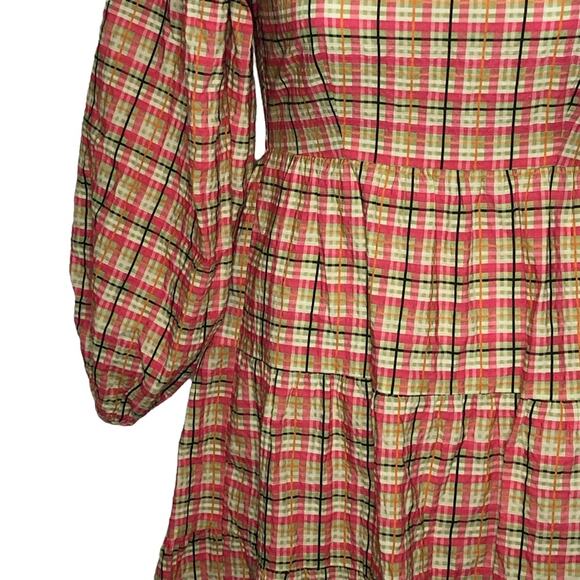 Topshop Check Plaid Smock Mini Dress Size 6 Y2K Babydoll Boho Puff Sleeve Retro - Picture 5 of 16
